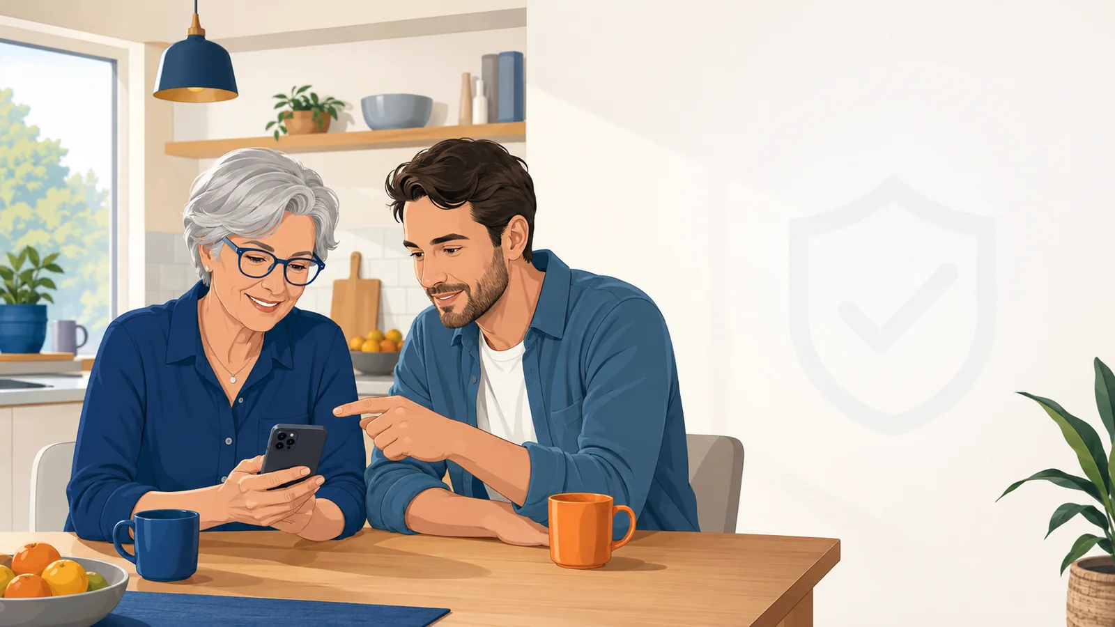 An adult child and older parent calmly checking a suspicious phone message together.