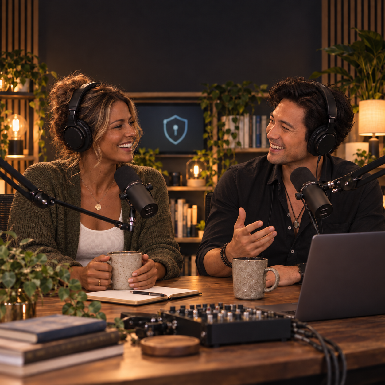 A male and female podcast host recording a conversation in a studio